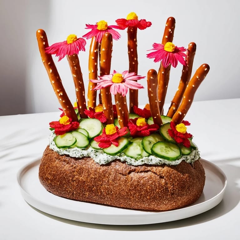 Vibrant red and yellow fruit leather blooms atop the savory Desert Cactus Bloom appetizer made with pretzels.