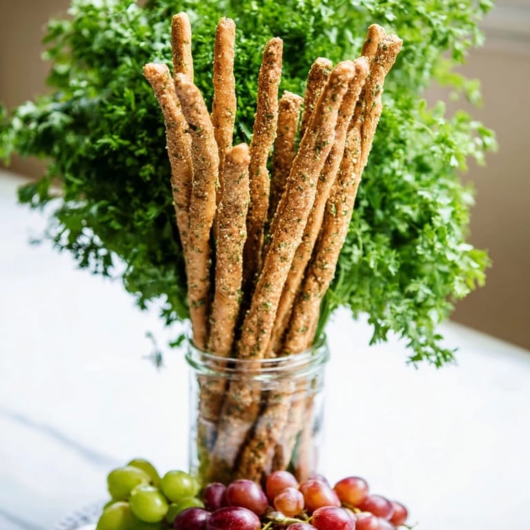 A delightful party platter: The Vertical Forest displays upright breadsticks surrounded by vibrant grapes and parsley.