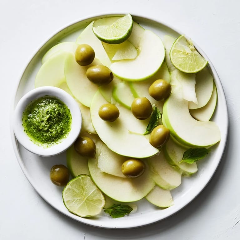Vivid green The Emerald City appetizer boasts crisp apple, zesty lime, and savory pesto for guests.
