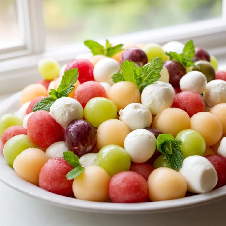 A party-ready The Polka Dot Platter, featuring perfectly spherical mozzarella and fruit bites.