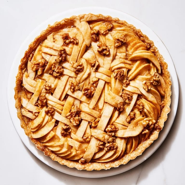 A warm slice of The Lattice Orchard displays glistening apples atop a sweet, nutty filling.