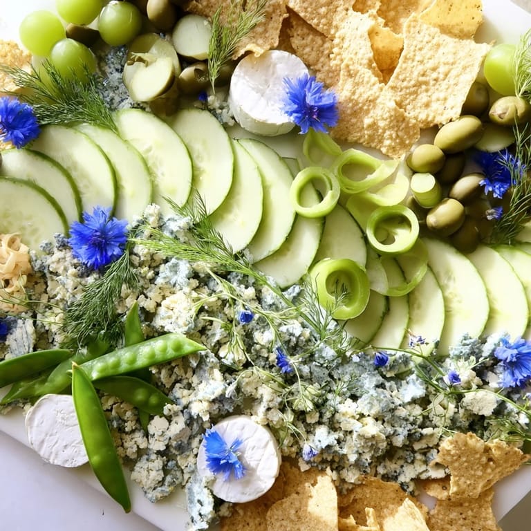 A delicious Deep Sea Ocean Wave platter, ready to serve with olives, grapes, and blue cheese crumbles.