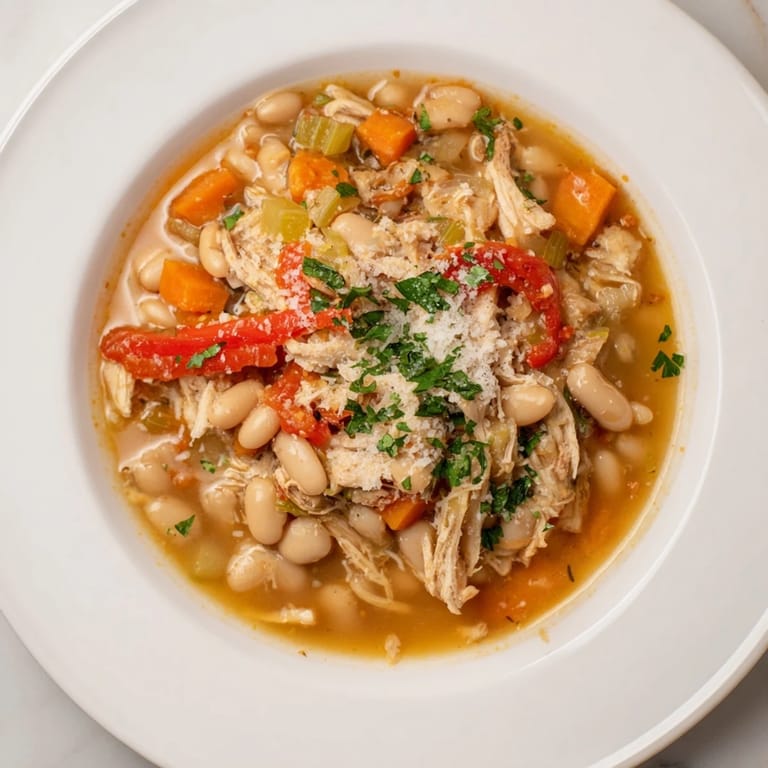 Close-up of a steaming bowl of White Bean and Roasted Red Pepper Chicken, garnished with fresh parsley and Parmesan.