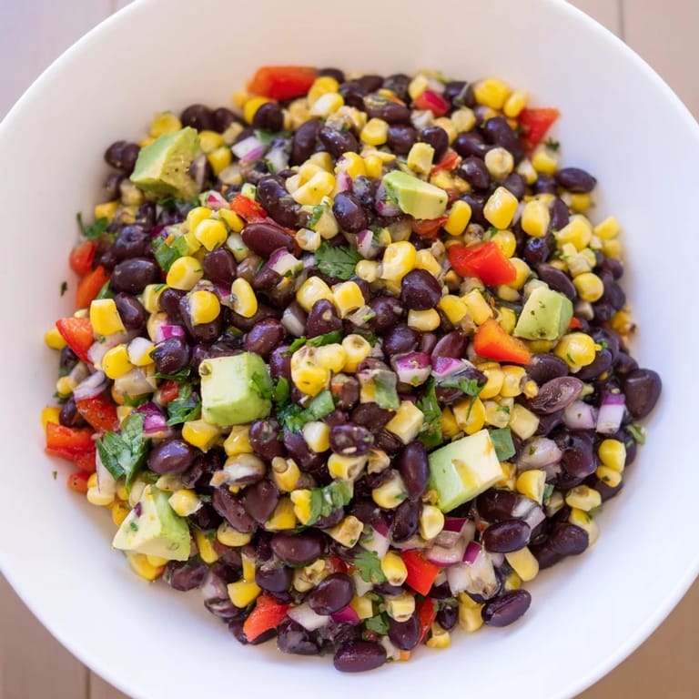 Bright and flavorful Southwestern black bean and corn salad, ready to enjoy with a zesty lime dressing.