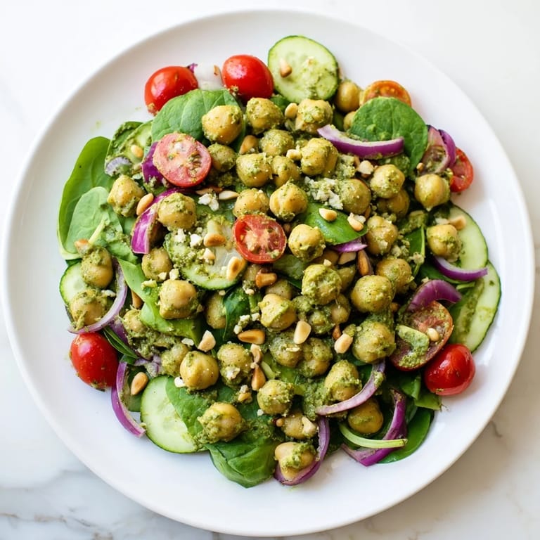 This Pesto Chickpea and Spinach Salad shows fresh ingredients ready for a delicious Mediterranean meal.