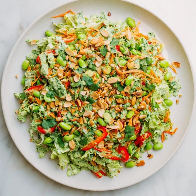 A flavorful bowl of Crunchy Cabbage and Edamame Salad, garnished with toasted almonds and sunflower seeds.
