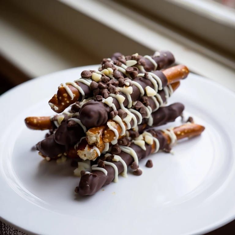 Enjoy a close-up of delicious chocolate-covered pretzel stick stacks, ready for your sweet tooth.