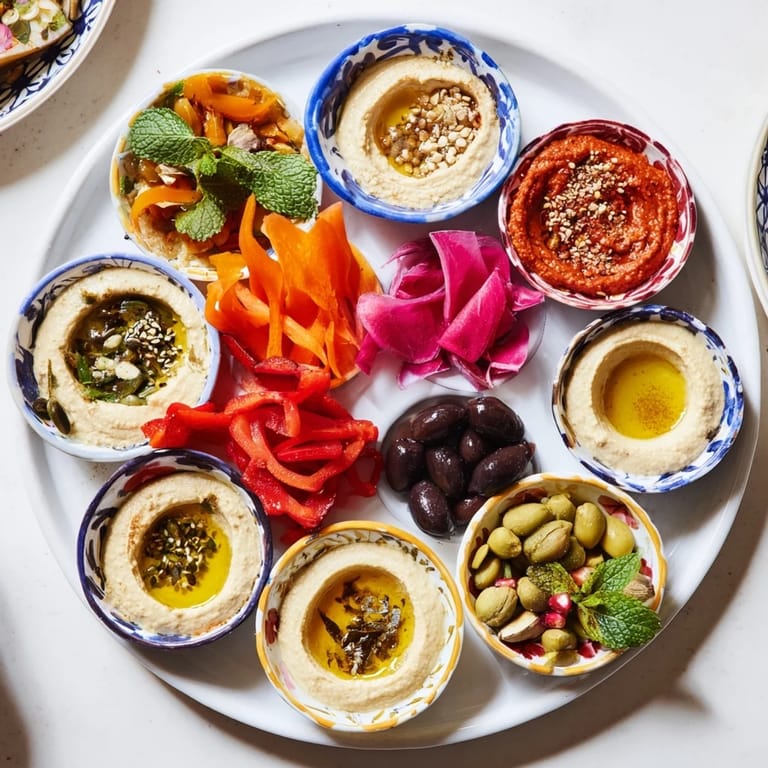 Bright and inviting, this Moroccan Tile Mosaic features a dazzling arrangement of dips and nibbles, perfect for sharing.