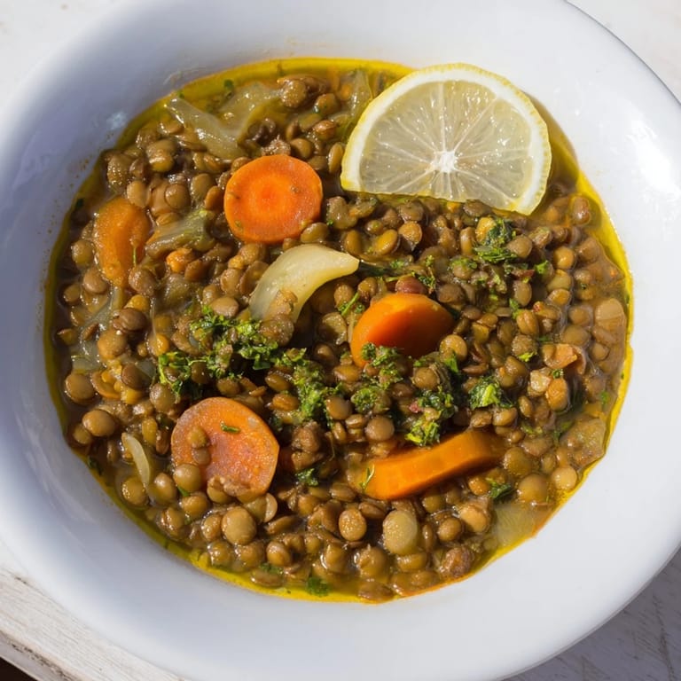 Enjoy a comforting serving of flavorful Middle Eastern Lentil and Chickpea Stew, ready to be enjoyed.