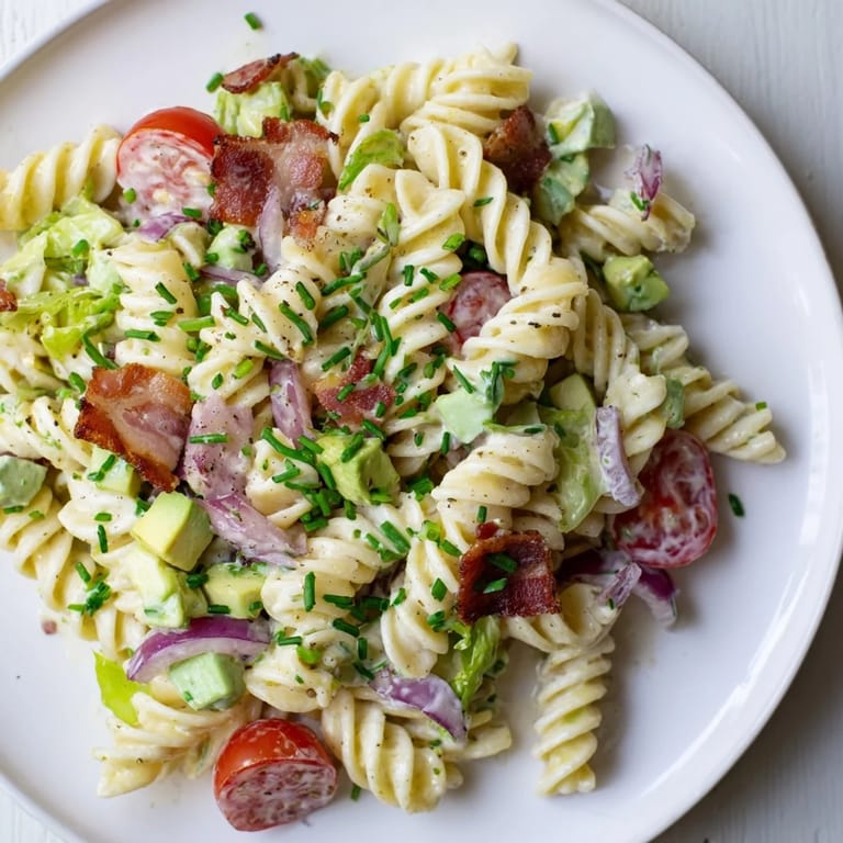 Creamy BLT Pasta Salad with crispy bacon and fresh tomatoes, a perfect summer side.