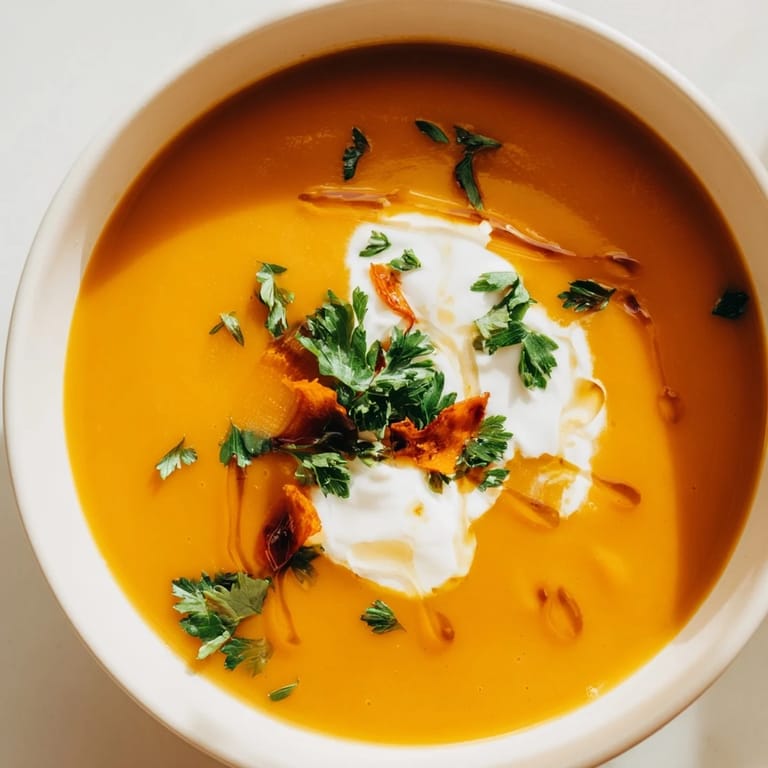 A bowl of hot Sweet Maple Carrot Soup, rich orange color, perfect for a cozy, flavorful meal.
