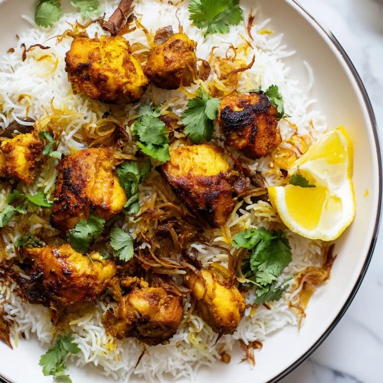 A close-up of finished Easy Chicken Biryani, garnished with fresh cilantro and crispy onions.