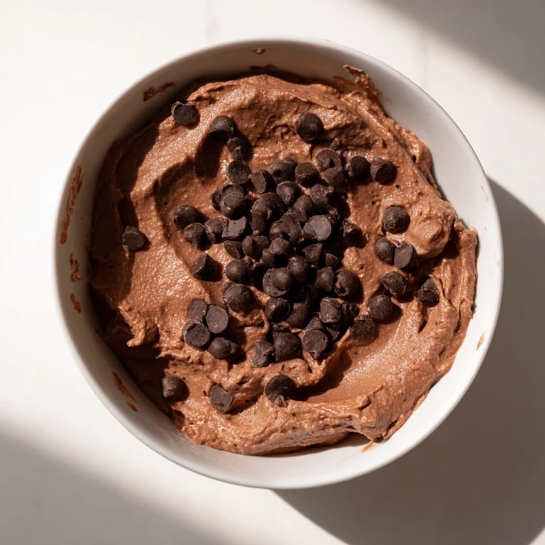 Rich, scoopable brownie batter dip, perfect for parties, with visible mini chocolate chips and pretzel sticks.