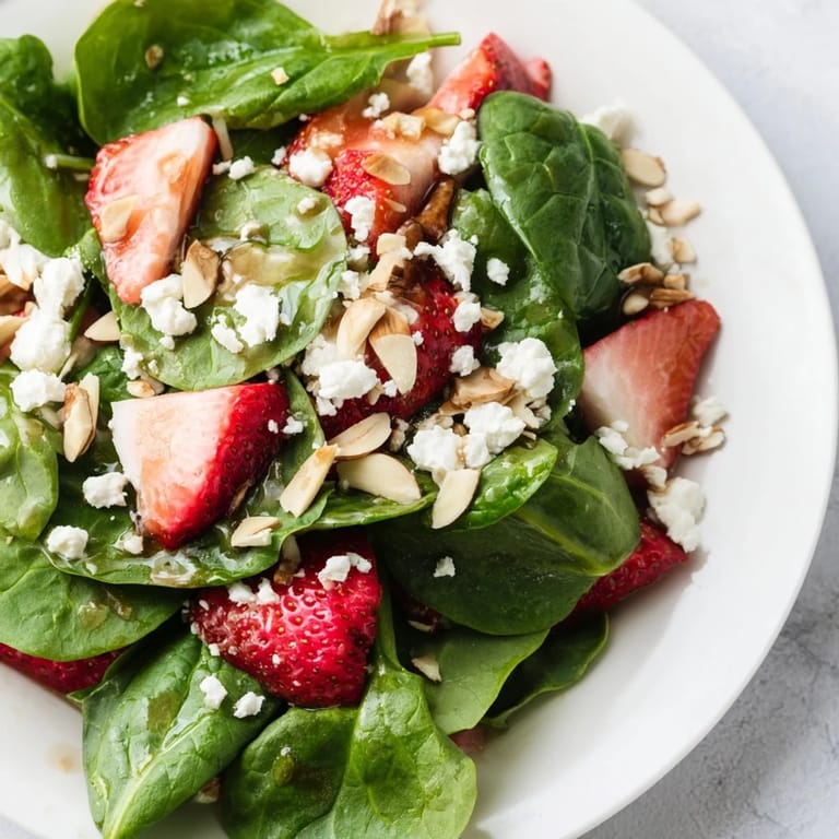 A close-up of a colorful Strawberry Spinach Salad, drizzled with tangy balsamic vinaigrette for a tasty lunch.