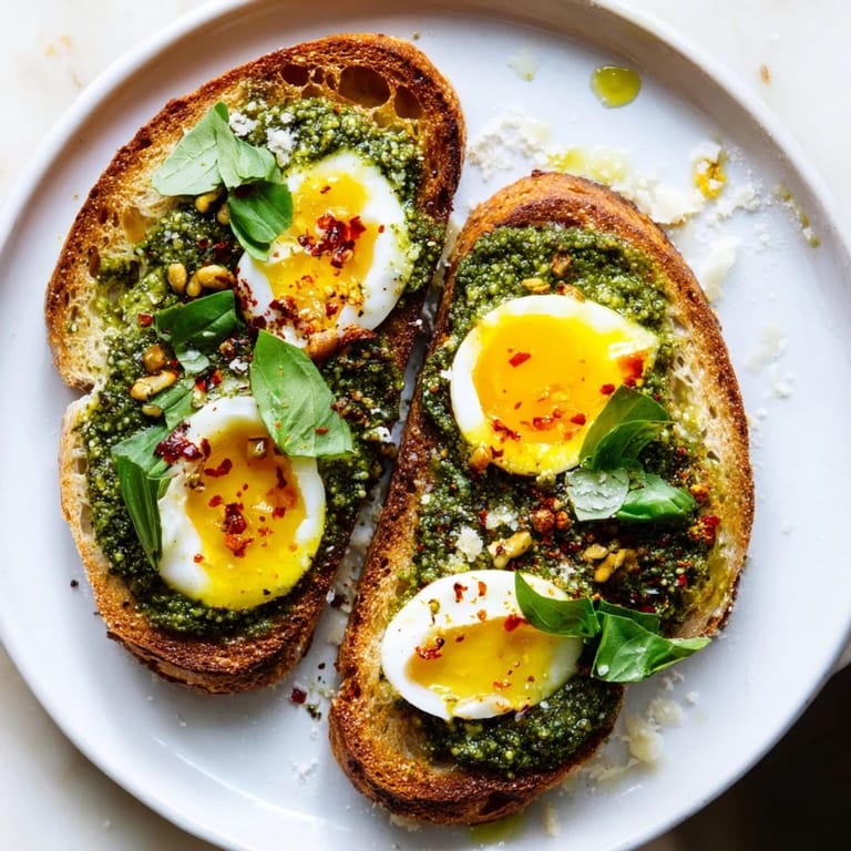 Fresh pesto egg toast, a quick brunch with creamy eggs and basil pesto on toasted sourdough.