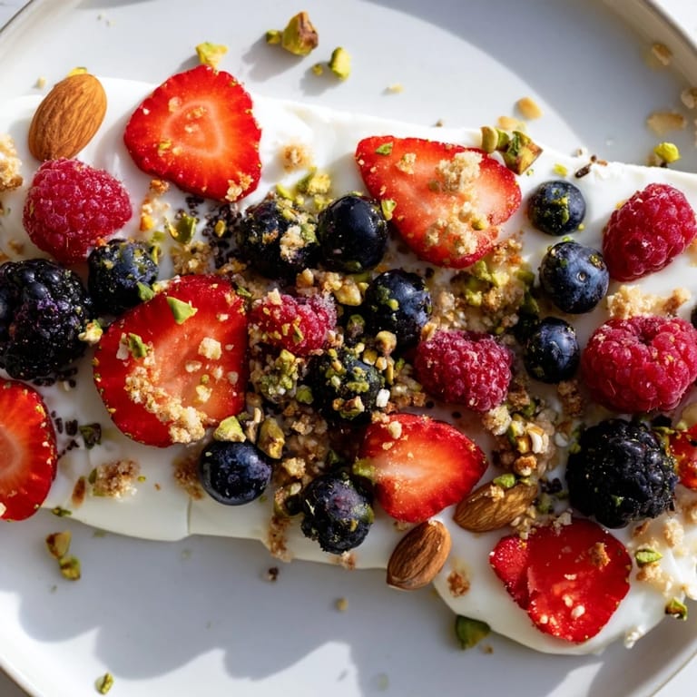 Enjoy a refreshing piece of creamy frozen fruit yogurt bark, an easy, healthy snack option.