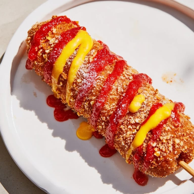 A close-up captures the stretchy cheese pull from a freshly fried Cheesy Korean Corn Dog.