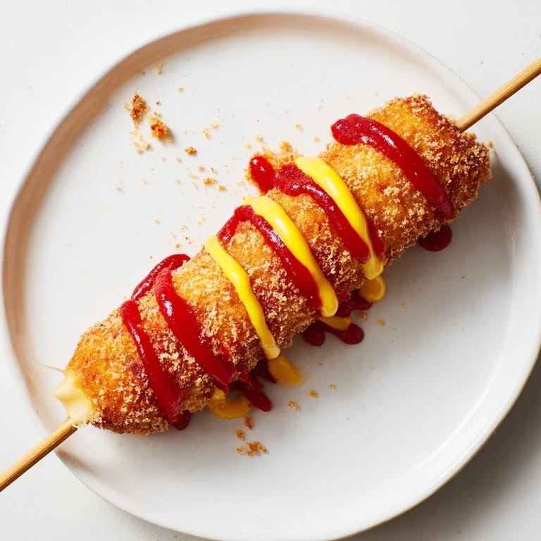 Served warm, these savory and sweet Cheesy Korean Corn dogs offer a delightful street food treat.