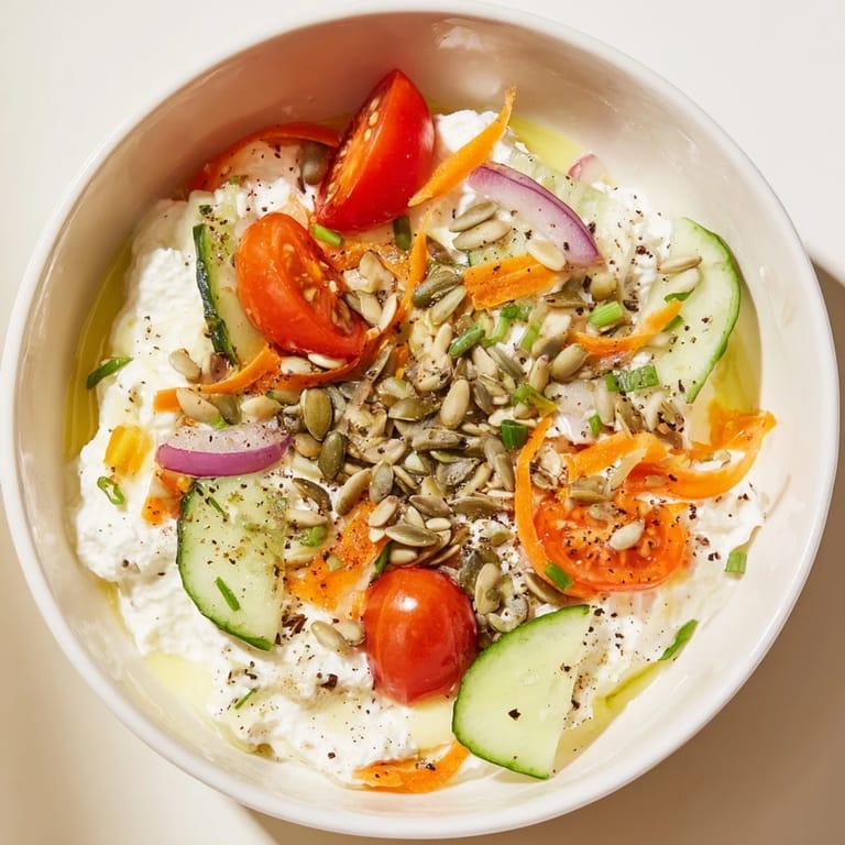 This colorful Cottage Cheese Snack Bowl combines fresh tomatoes, cucumber, plus a drizzle of olive oil.