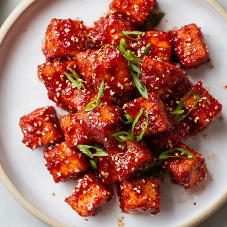 Appetizing Honey Gochujang tofu with a glistening glaze, perfect for a flavorful vegetarian meal.