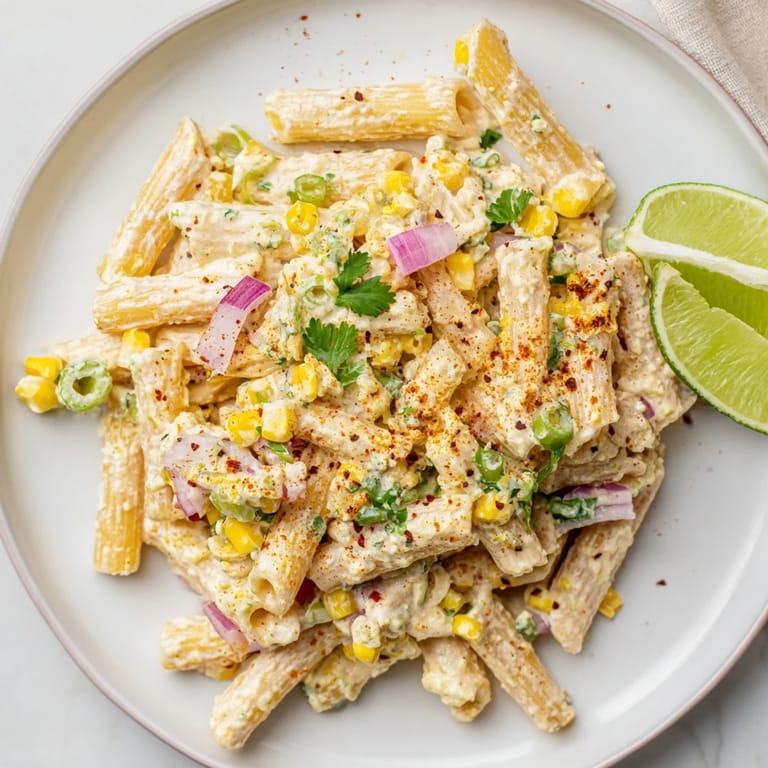 Close-up of the flavorful Mexican Street Corn Pasta with cotija, lime, and a hint of spice.