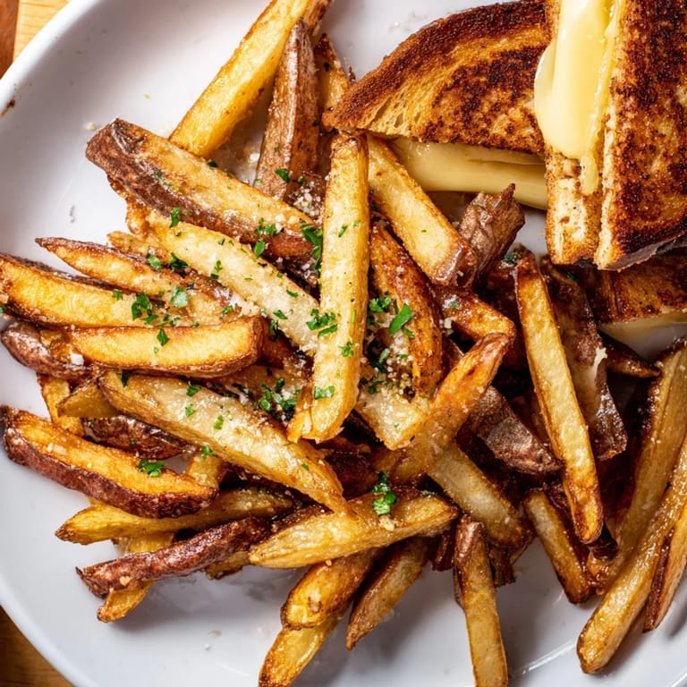 A close-up of a Beef Tallow French Fries Grilled Cheese plate, showing the melty cheese filling and seasoned fries.