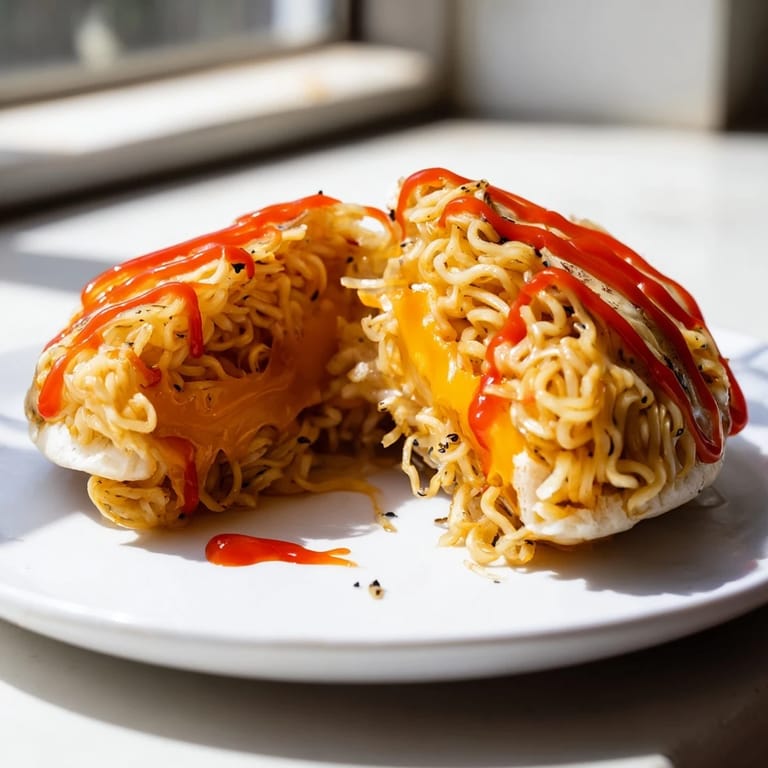A close-up shot of a perfectly grilled Instant Ramen Grilled Cheese, with a spicy, cheesy filling.