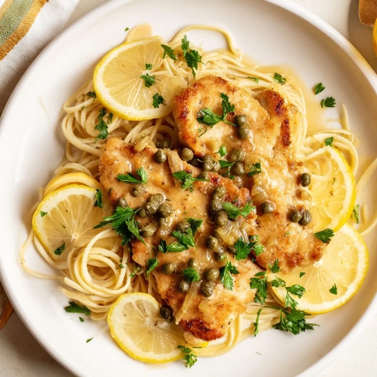 A close-up of Quick Chicken Piccata Pasta shows tender chicken and spaghetti coated in a rich, buttery sauce.