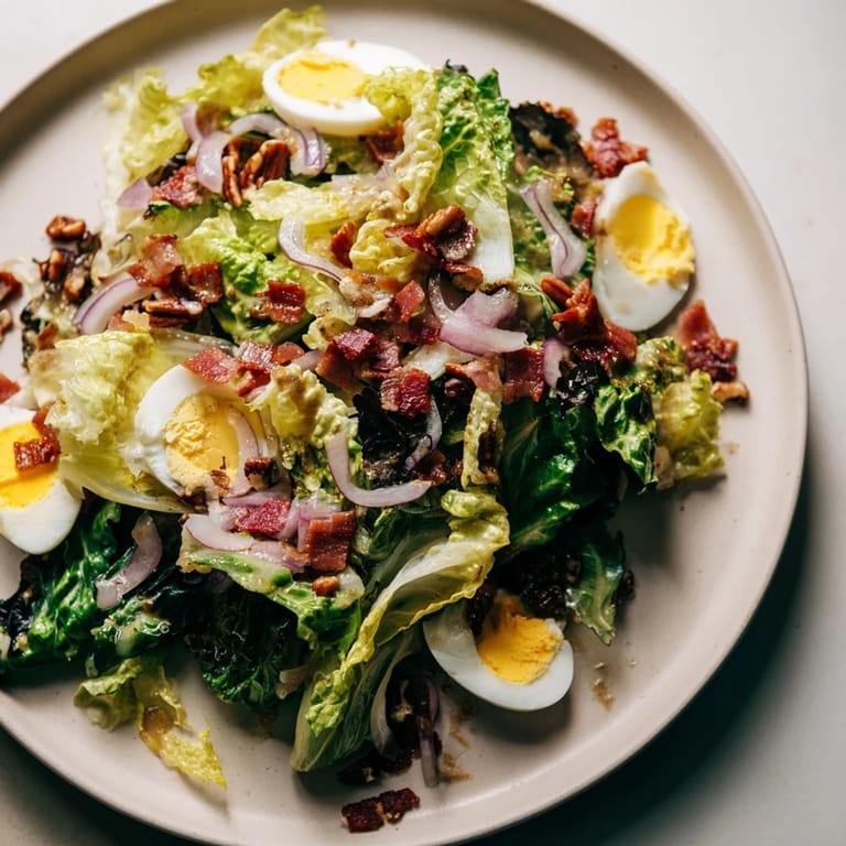 This vibrant Bitter Greens Salad features a flavorful warm bacon vinaigrette, a delicious and balanced meal.