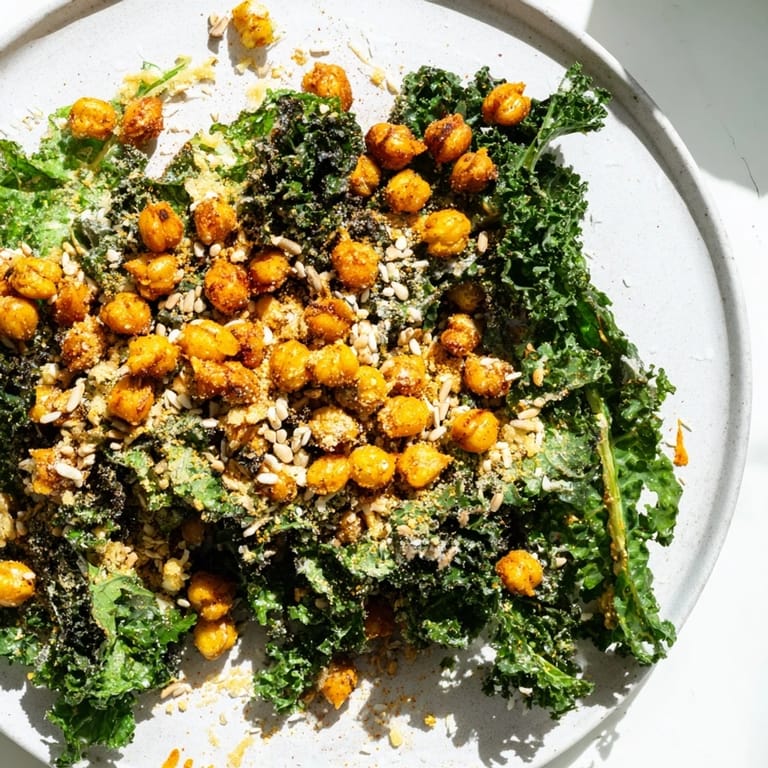 Golden chickpeas top the fresh, bright green Warm Kale Salad, ready to eat and enjoy.