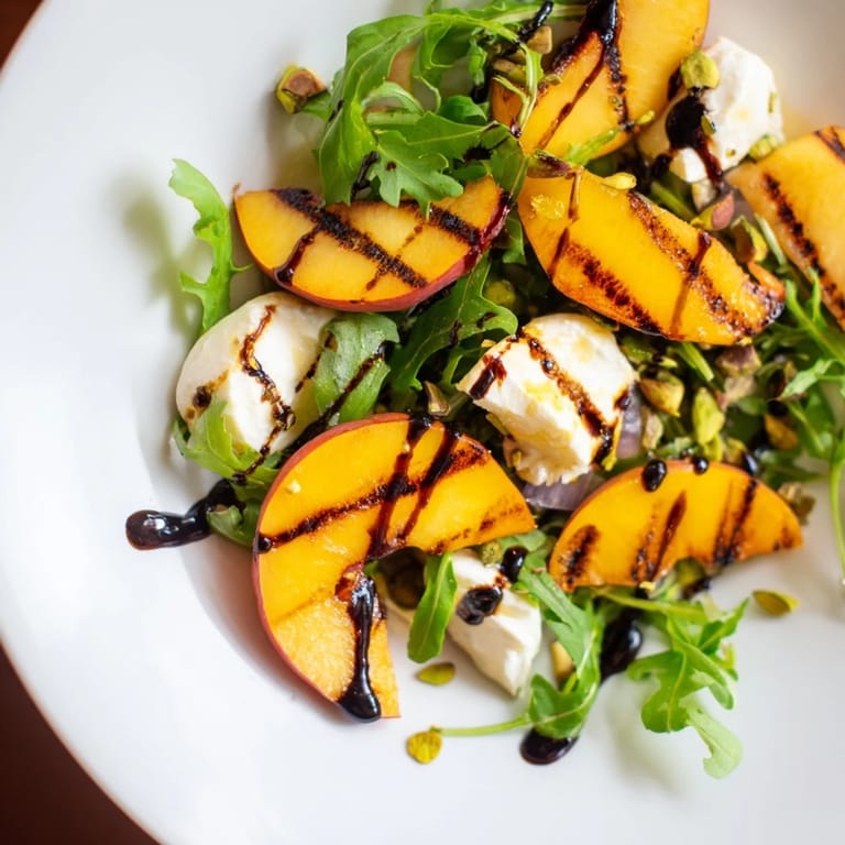A refreshing close-up of a vibrant Grilled Peach Salad with juicy peaches and creamy cheese.