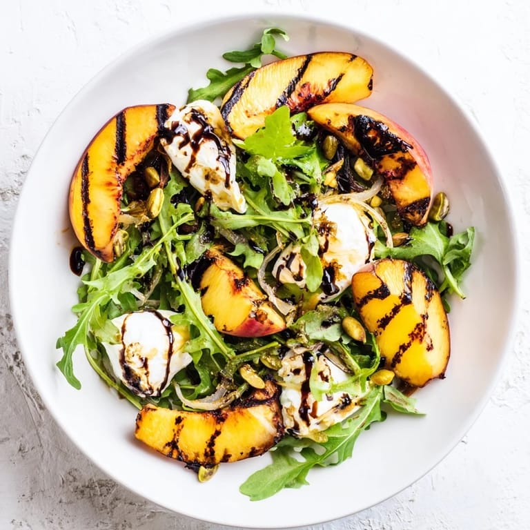This Grilled Peach Salad features sweet grilled peaches, peppery arugula, and a drizzle of balsamic.