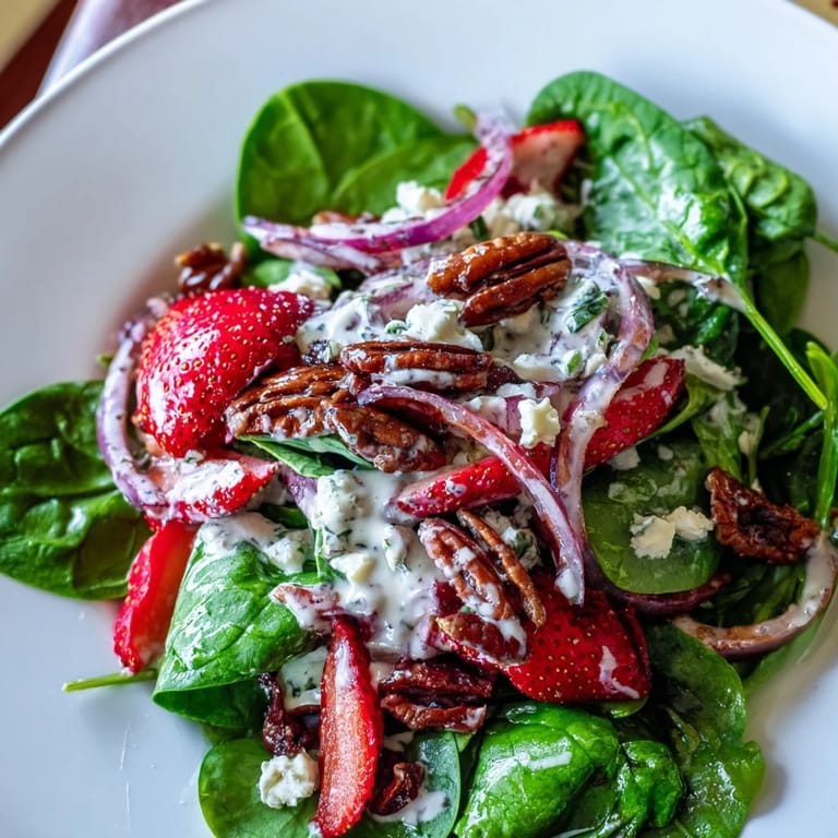 Freshly tossed Strawberry Spinach Salad, showcasing a colorful mix of spinach, berries, and candied nuts.