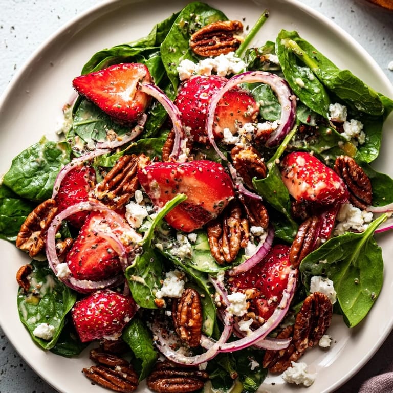 A close-up of a refreshing Strawberry Spinach Salad, perfect for a light summer lunch or dinner.