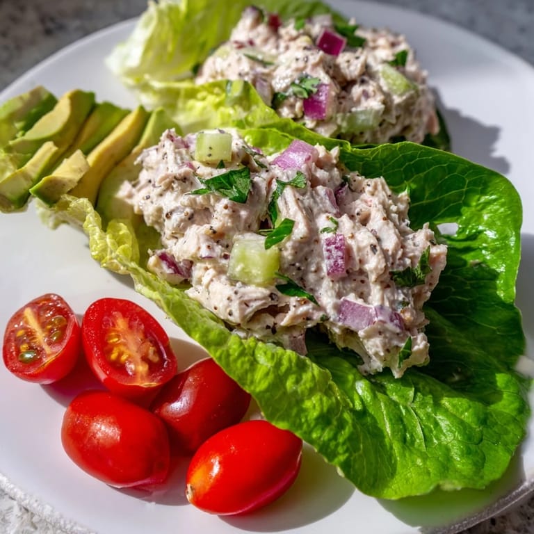Vibrant plate of Tuna Salad Lettuce Wraps, offering a satisfying bite of protein and crisp lettuce.