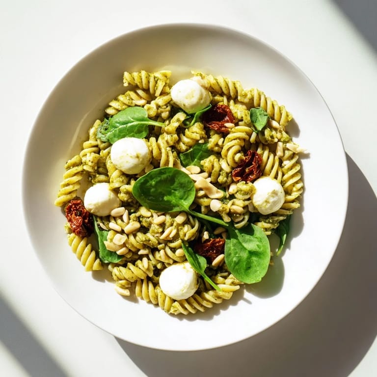 This refreshing pesto pasta salad recipe features fusilli, vibrant pesto, and a sprinkle of pine nuts.