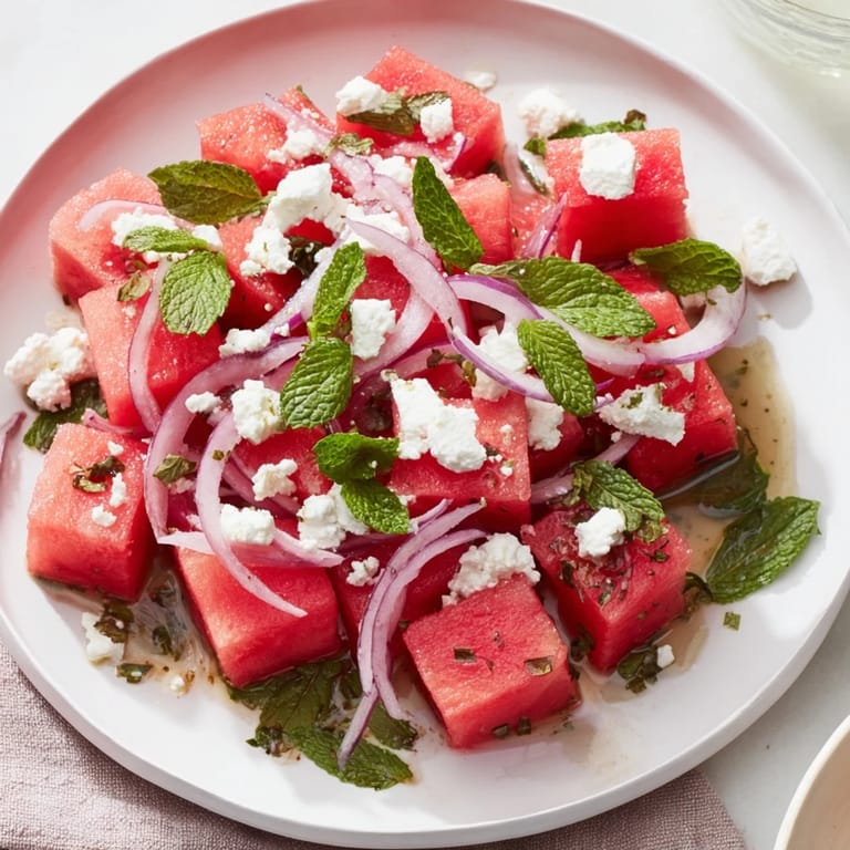 A refreshing bowl of Watermelon Feta Salad: Sweet watermelon with tangy feta cheese and lime.