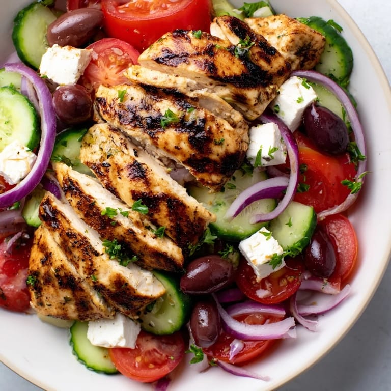 Freshly grilled chicken slices atop a Greek salad with cucumbers, olives, and a tangy dressing.