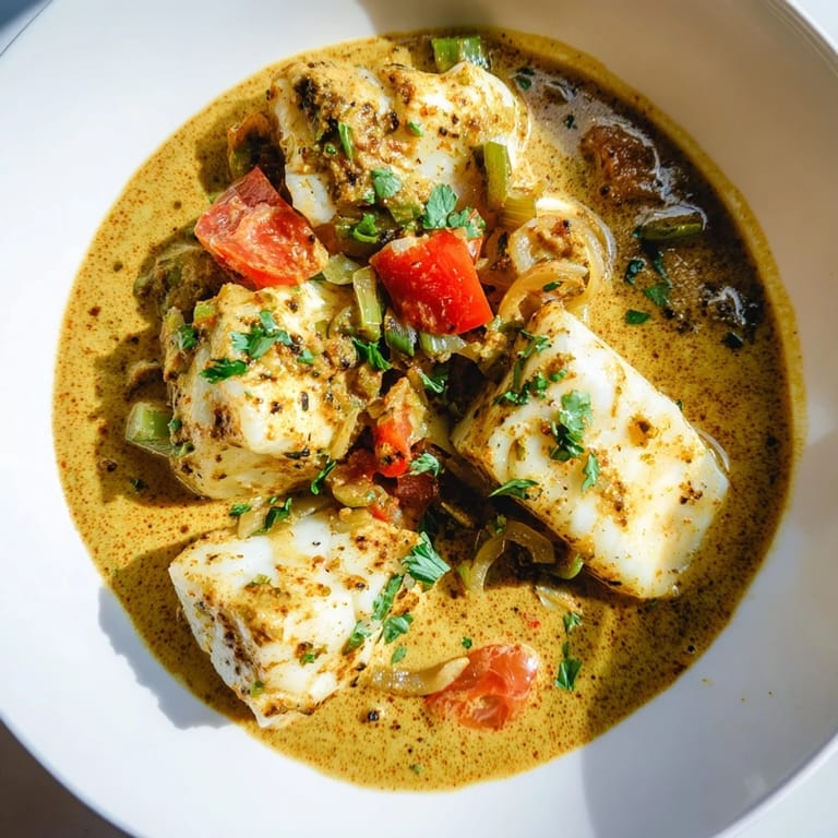 Close-up of Bahraini Fish Curry, garnished with fresh cilantro, ready to be served hot.