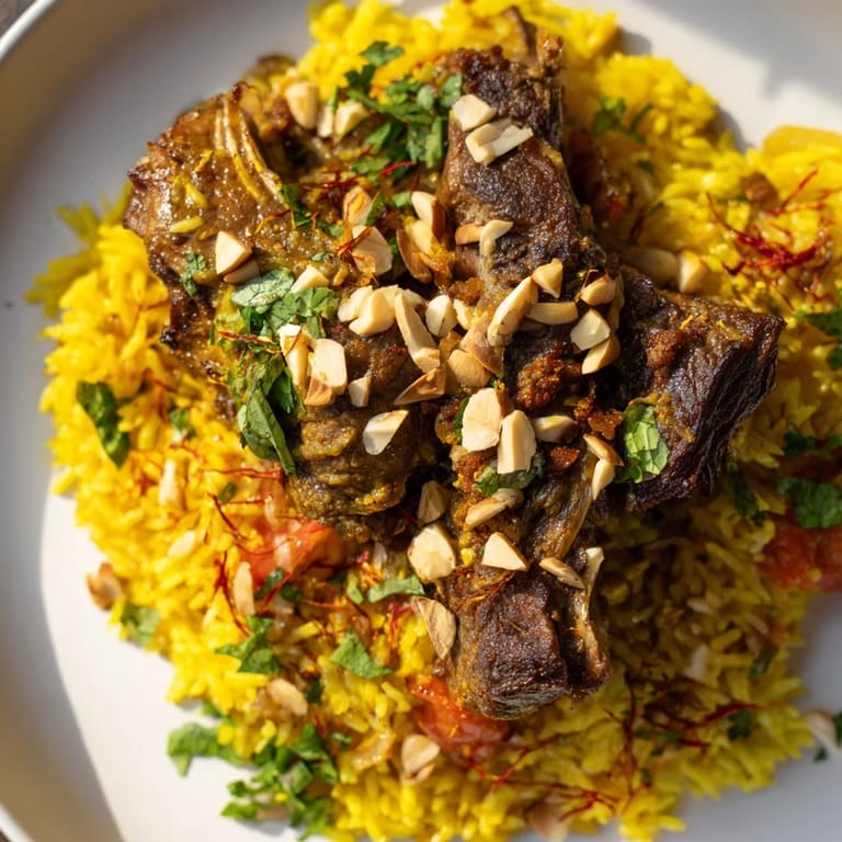 Enjoy the aromatic spices of Qatari Majboos, a hearty dish with savory lamb served over flavorful rice.