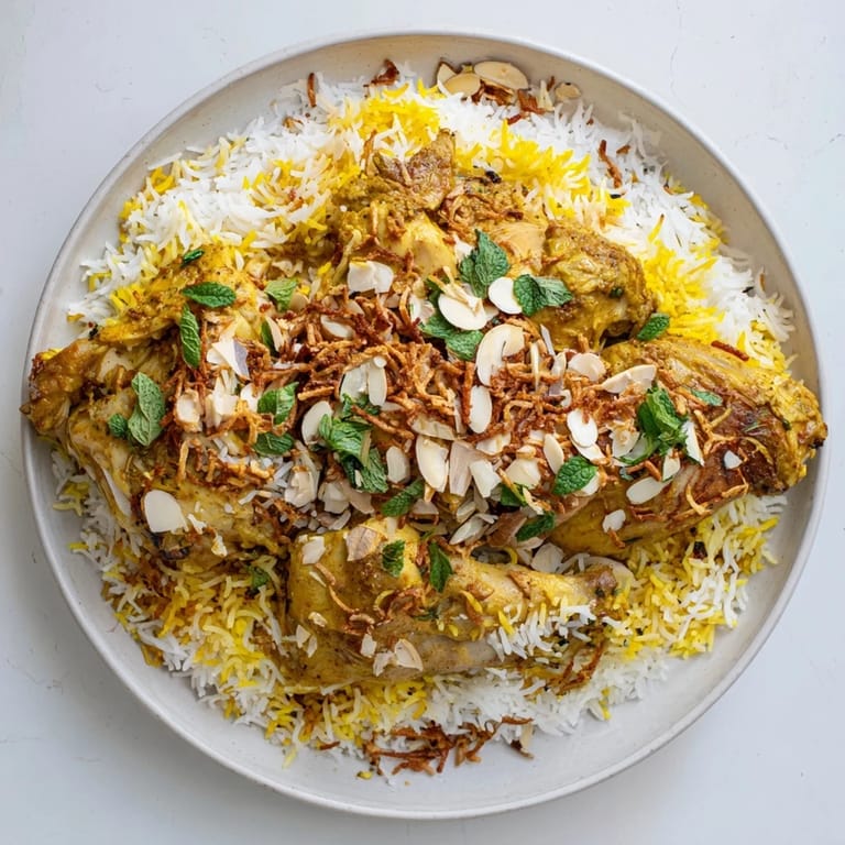 Golden-hued Kuwaiti Biryani showcases fluffy rice layered with savory meat and aromatic spices, ready to savor.
