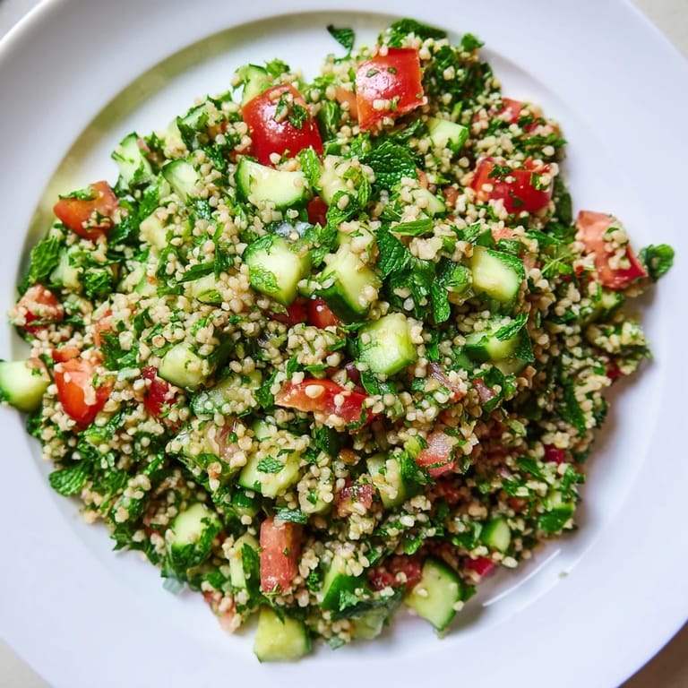 A close-up of a bright, healthy Lebanese Tabbouleh Salad ready to eat, bursting with color.
