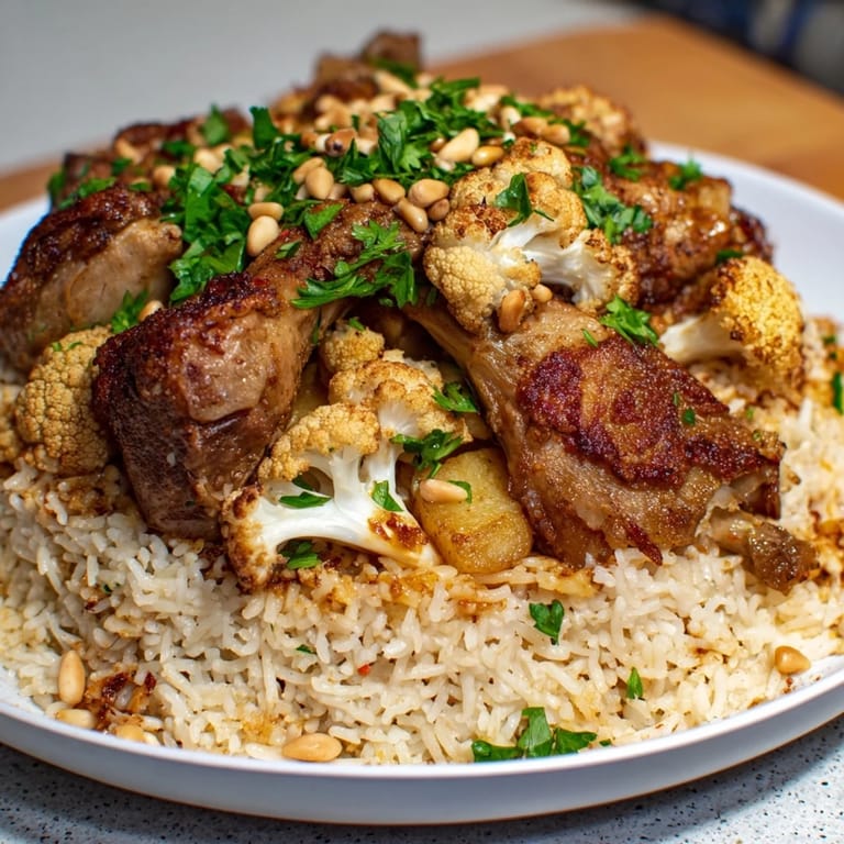 Savory Palestinian Maklouba featuring golden-brown cauliflower and chicken atop a bed of fragrant rice, ready to serve.