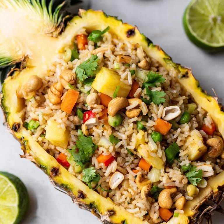 Fluffy jasmine rice stir-fried with pineapple, peas, and peppers, topped with scallions for a fresh, tropical finish.