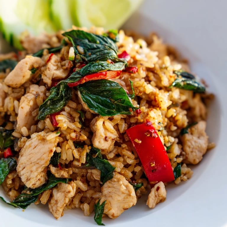 Thai Basil Chicken Fried Rice topped with fresh holy basil, lime wedges, and crisp cucumber slices on a plate.
