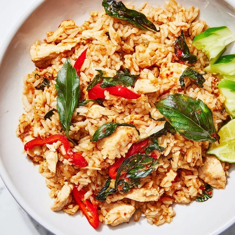 Homemade Thai Basil Chicken Fried Rice featuring tender chicken, peppers, and fragrant aromatics, perfect for a quick weeknight dinner.