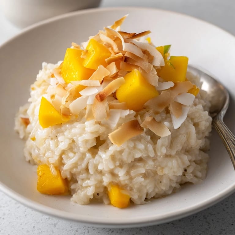 Coconut Rice Sweet garnished with toasted coconut flakes and fresh mango on a bright serving bowl.