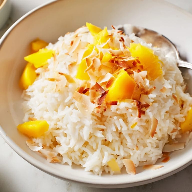 A fragrant, gluten-free Coconut Rice Sweet dessert recipe, plated warm with a spoon beside vibrant tropical fruit.