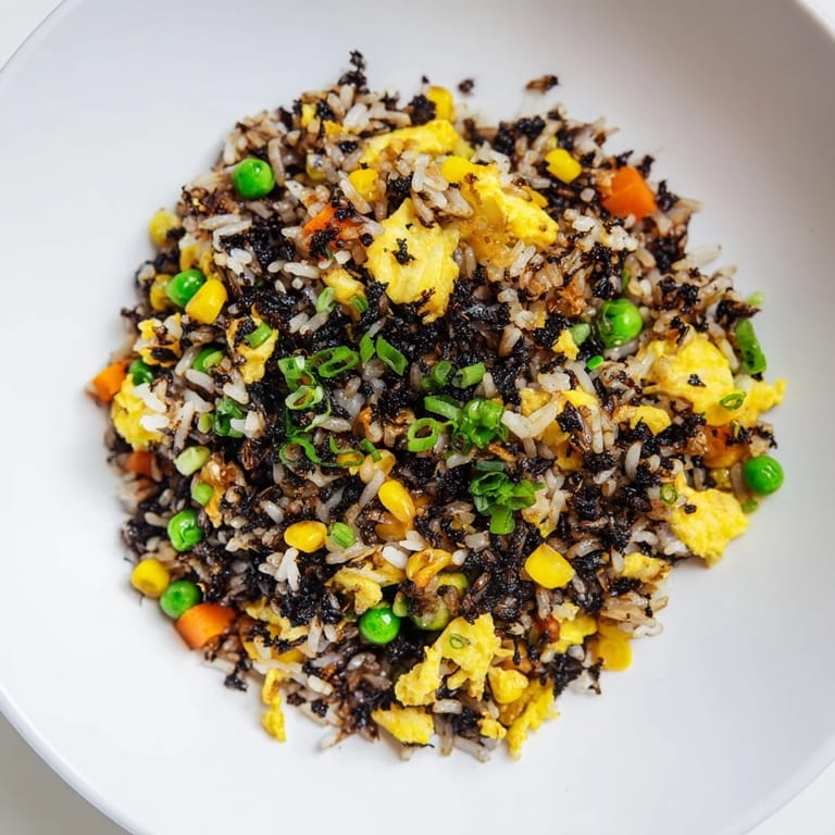 Hearty Asian fusion black garlic fried rice served family-style with kimchi on the side.