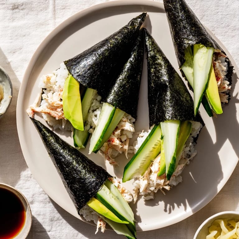 A close-up of two homemade sushi rice hand rolls, revealing layers of tender sushi rice, bright green avocado, shredded crab, and crunchy cucumber inside nori.